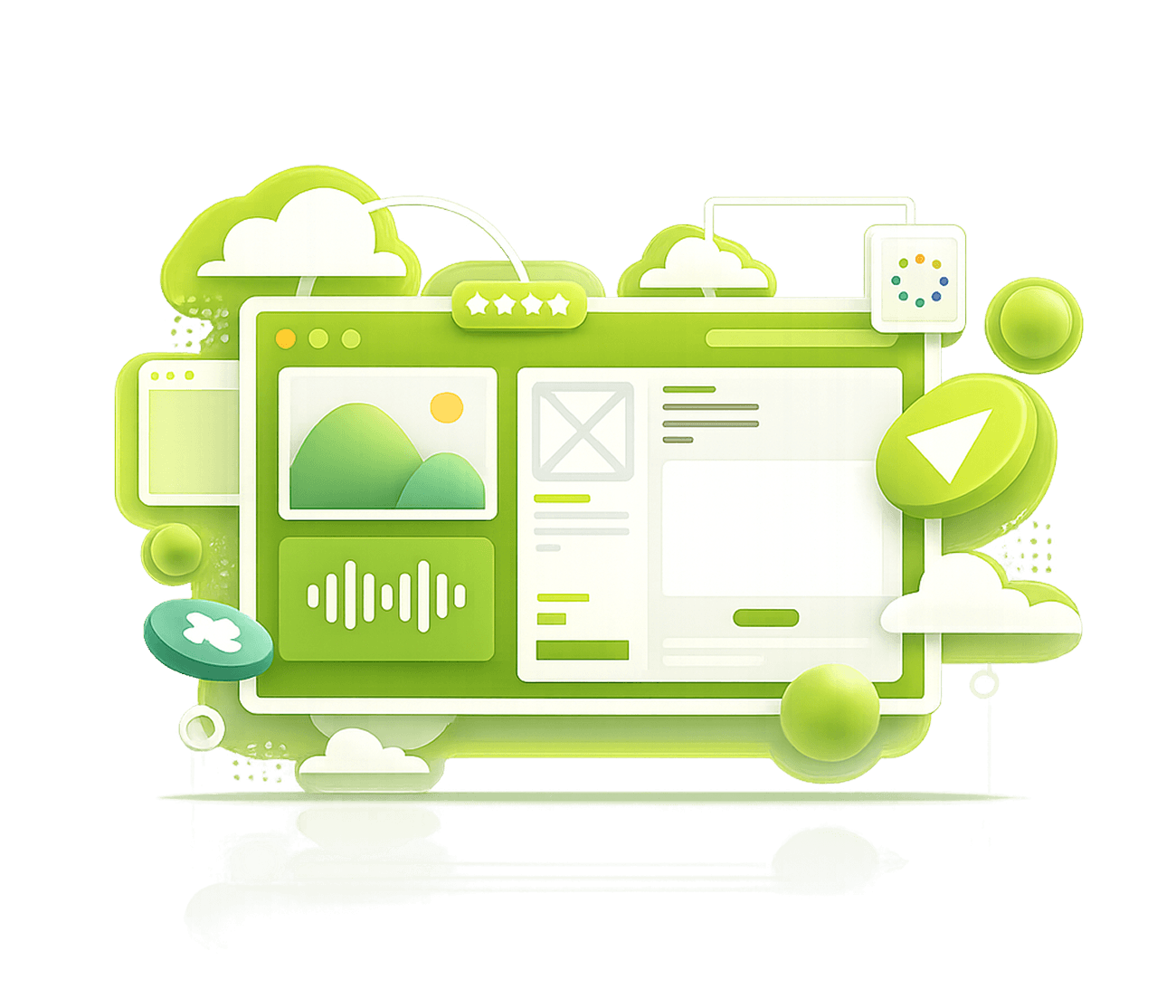 Illustration of a responsive web layout with charts, a map and audio waveform